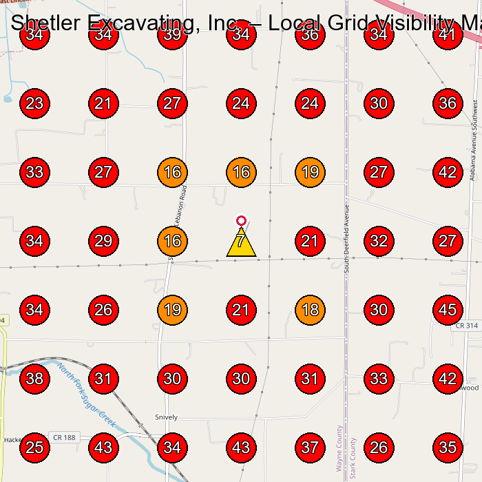 Shetler Excavating, Inc. GeoGrid visibility map for Excavating Contractor in Millersburg